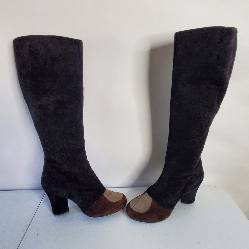 Audley Suede Boots Size 39 Vintage Heeled Knee-High Black Two-tone Side Zip